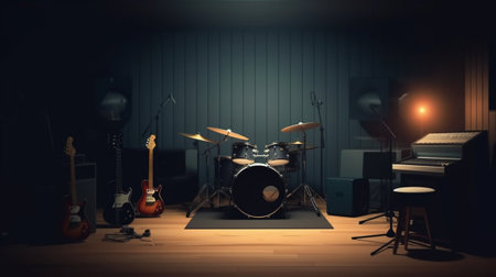 Musical instruments and drum kit on wooden floor. 3D renderingの素材