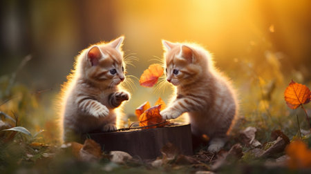 Cute little kittens playing with autumn leaves in the garden at sunsetの素材