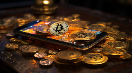 Golden bitcoin and smartphone on the table. Cryptocurrency concept.の素材