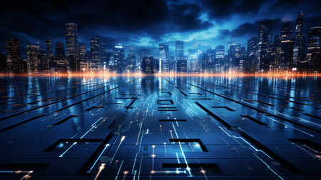 Futuristic city at night with digital circuit board. 3D renderingの素材