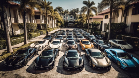 Cars parked in the parking lot of a luxury villa.の素材