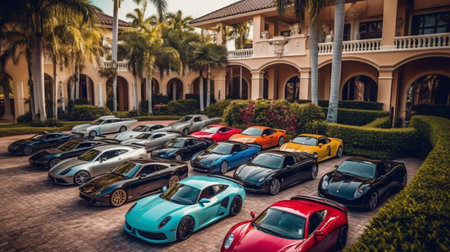 Cars parked in a row in front of the luxury villaの素材