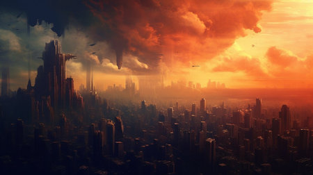 Fantasy cityscape with skyscrapers and clouds in the skyの素材