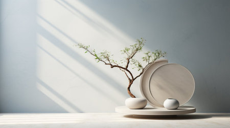 3d render of white ceramic tableware and bonsai tree.の素材