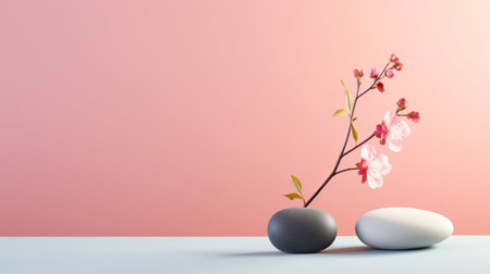 Pair of black and white pebble with cherry blossom branch on pink backgroundの素材