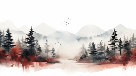 Foggy landscape with mountains and lake. Digital art painting.の素材