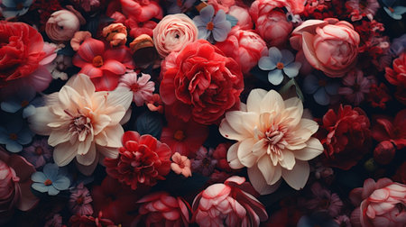 Flowers background. Red, pink and white flowers. Floral background.の素材
