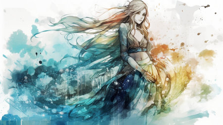 Beautiful girl with long hair in the city. Digital watercolor painting.の素材