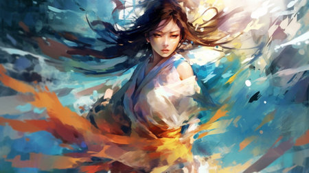 Portrait of a beautiful girl with long hair in the wind.の素材