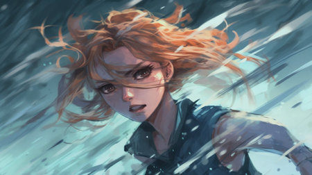 3D illustration of a beautiful girl with red hair and blue eyesの素材