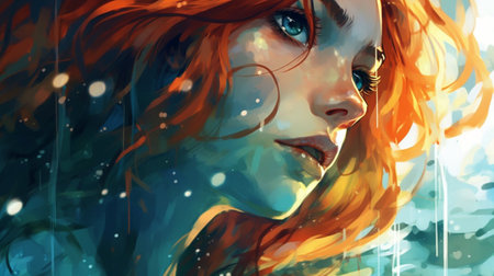 Digital painting of a beautiful girl with red hair and blue eyes.の素材