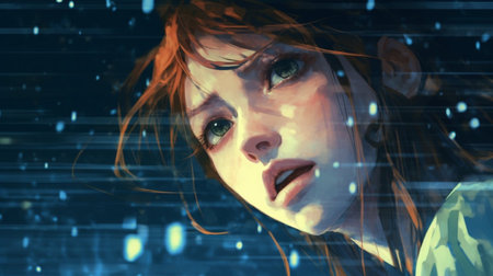 Composite image of red-haired woman against black and blue backgroundの素材