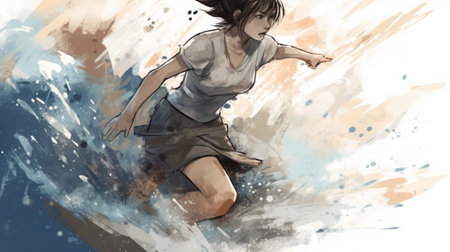 Illustration of a young woman jumping in a watercolor style.の素材