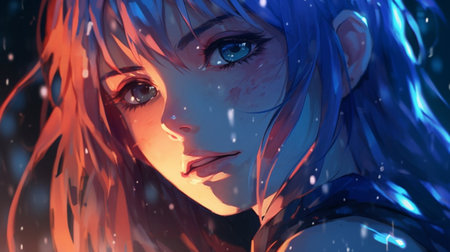 3D illustration of a beautiful girl with blue hair and red eyes.の素材