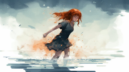 Red haired girl in a black dress with red hair runs through the clouds.の素材