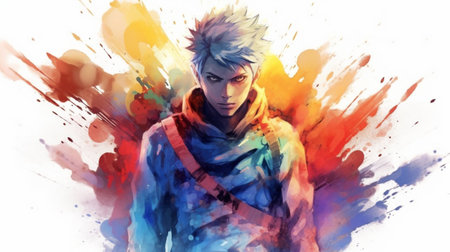 Digital painting of a young man in a hoodie with colorful splashesの素材