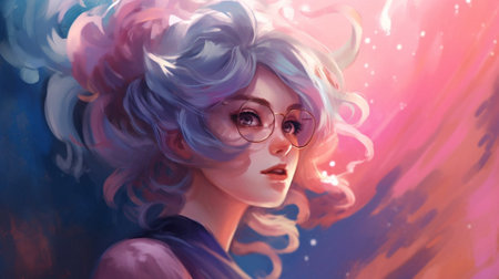 Portrait of a beautiful girl with blue hair and glasses. 3d rendering.の素材