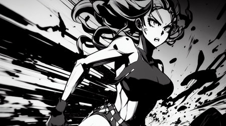 Fashion illustration of a beautiful woman in comics style. Black and white.の素材