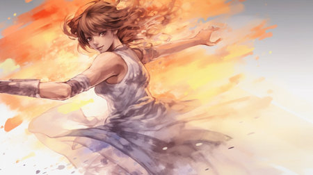 Digital illustration of a young woman dancing in the air with watercolor effectの素材