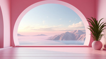 3D rendering of a pink room with a view of the seaの素材