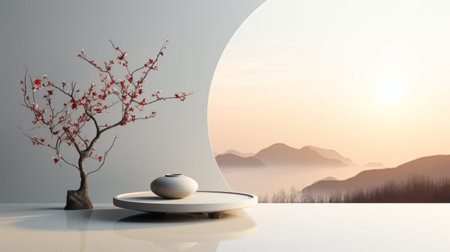 3d render of vase and tree on the white table.の素材