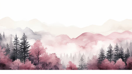 Watercolor mountain landscape with forest and fog. Digital art painting.の素材