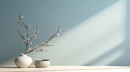 Plum blossom in vase on white table and blue wallの素材