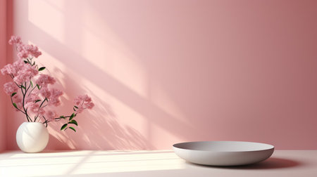 3d rendering of a modern bathroom with pink flowers in a vaseの素材