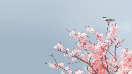Pink cherry blossom sakura and white bird on blue sky backgroundの素材
