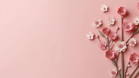 Flowers composition. Pink and white flowers on pastel pink background. Flat lay, top view, copy spaceの素材