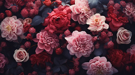 Beautiful pink and red flowers background. Top view. Flat lay.の素材