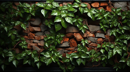 Decorative wall made of natural stone and green leaves. Natural background.の素材
