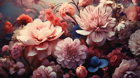 Colorful artificial flowers background, vintage toned image, soft focusの素材