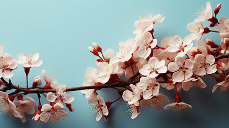 Branch of blossoming apricot tree on blue background, closeupの素材