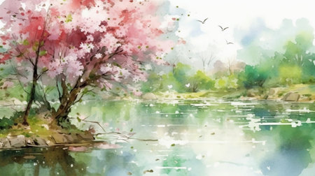 Watercolor painting of sakura blossom on the river bank.の素材