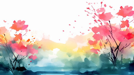 Watercolor landscape with flowers. Digital art painting. Hand drawn illustration.の素材
