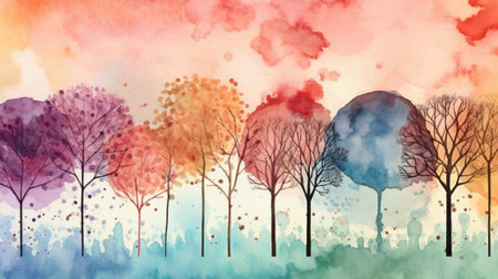 Abstract watercolor landscape with trees and clouds. Hand drawn illustration.の素材