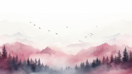 Foggy landscape with mountains, forest and birds. Digital painting.の素材