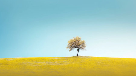 Lonely tree on yellow field with blue sky background. 3d renderingの素材