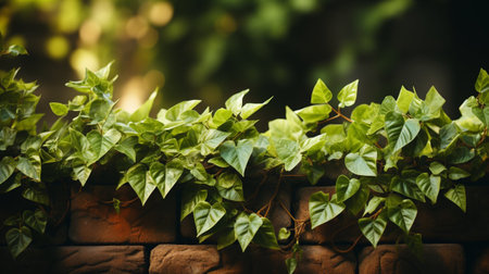 Green leaves on a brick wall with copy space. Selective focus.の素材