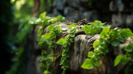 Green ivy plant growing on stone wall with sunlight in the gardenの素材