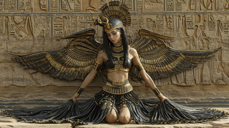 Egyptian woman in the ancient egyptian hieroglyphsの素材