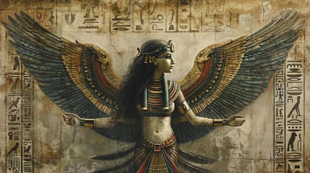 Ancient egyptian god with wings on a grunge background.の素材