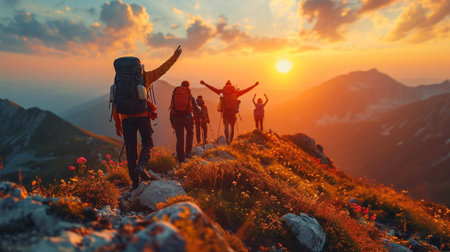 Group of hikers with backpacks standing on top of the mountain at sunsetの素材