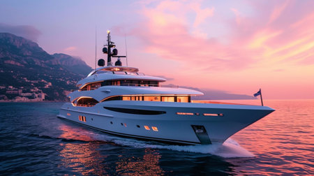 Luxury yacht in the sea at sunset. 3d renderingの素材