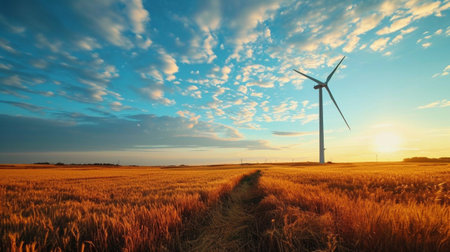Sunset over wind turbines in a wheat field. Panorama.の素材