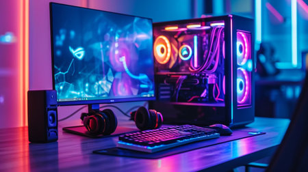 Cyberpunk gamer workspace with computer gamepad, mouse, keyboard and headphones.の素材