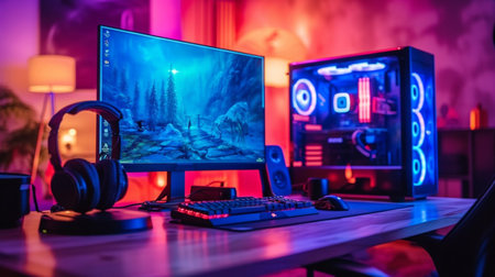Professional gamer workspace with pc, headphones and gamepad. Gaming conceptの素材