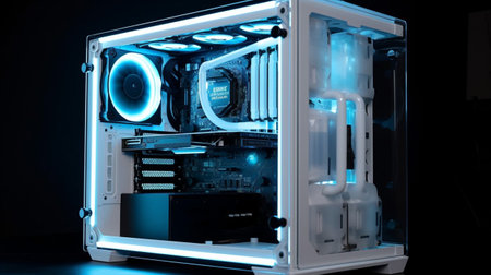 3d render of computer cooler with blue light on black background.の素材