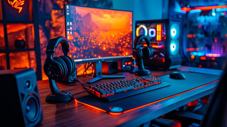 Professional gamer workspace with keyboard, mouse, headphones and mouse pad.の素材